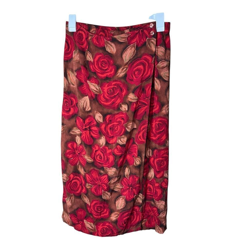 Vintage Sag Harbor Petite Red Roses Brown Long Skirt Faux Wrap Size M